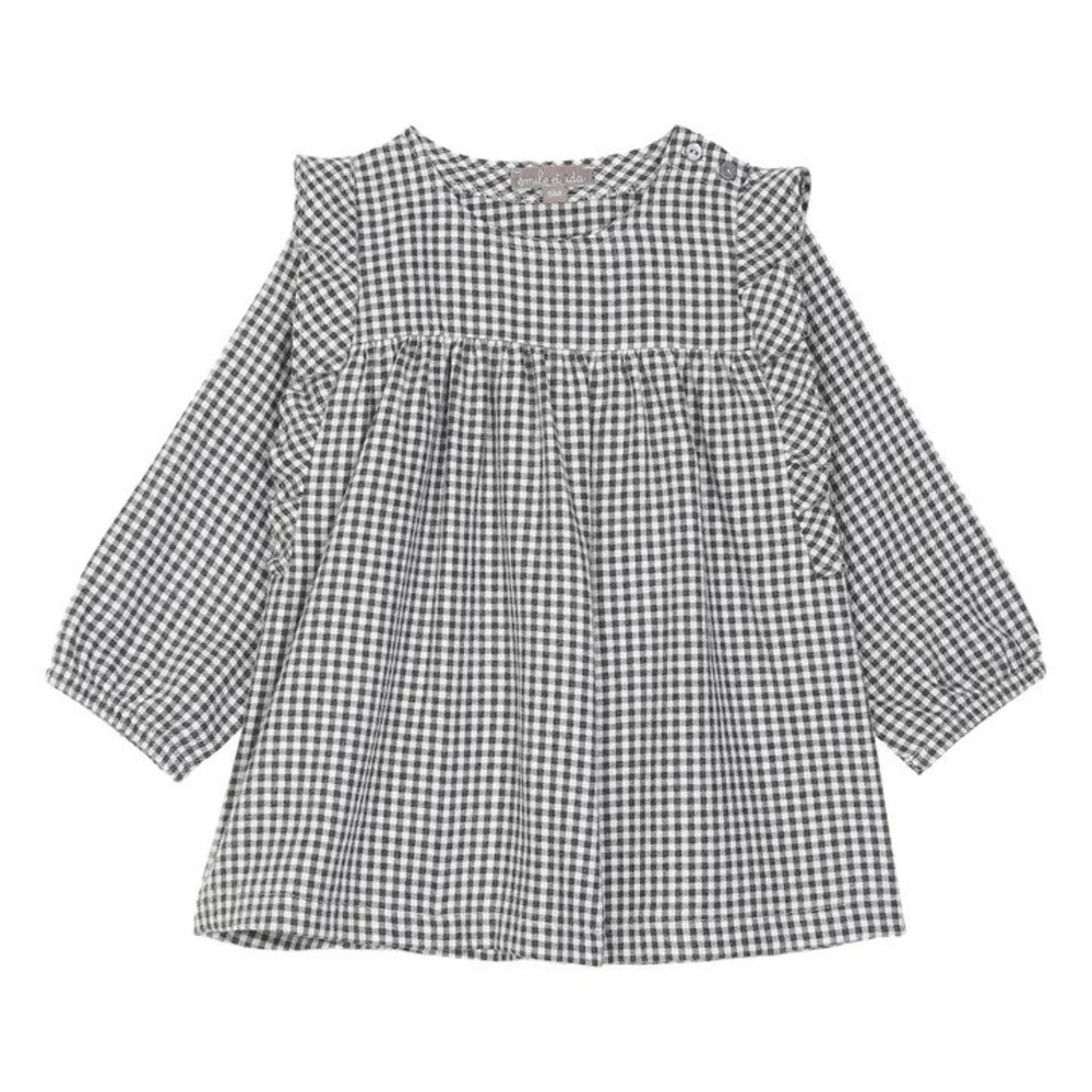 Emile et Ida Ruffle Shoulder Black White Gingham Check Vichy Baby Dress Size 9M